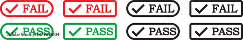 pass and fail icon set. Green check mark and red cross icons. Approve and reject web interface element vector illustration. pass fail icon set. Includes tick symbols in green and cross symbols