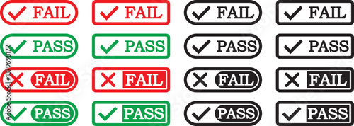 pass and fail icon set. Green check mark and red cross icons. Approve and reject web interface element vector illustration. pass fail icon set. Includes tick symbols in green and cross symbols