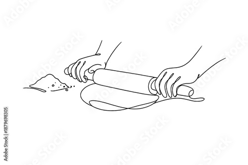 Kneading Hands. Homemade bread preparation. Minimalistic one-line drawing hands kneading dough with rolling