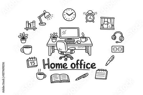 Image Generation. Home office. Hand-drawn doodle illustration of Home office. In the middle, one slightly