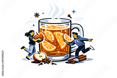 Citrus Cider Delight. Citrus Apple Brew. A transparent mug showing amber cider, orange slices pressed against