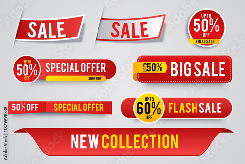 Collection of red sale banners, tags, labels, and stickers for promotion