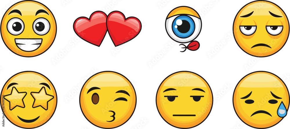 Obraz premium Cute Emoji Faces Vector Set with Love, Sad, Wink and Funny Expressions