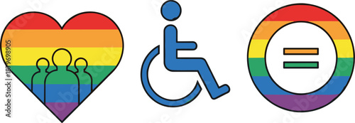 Inclusive Pride Icons Set with Heart, Wheelchair Accessibility and Equality Symbol Vector