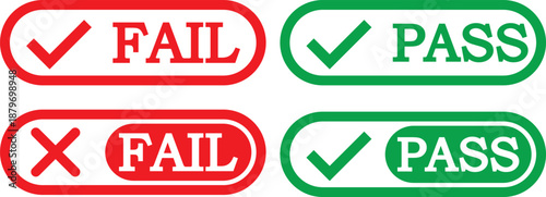 pass and fail icon set. Green check mark and red cross icons. Approve and reject web interface element vector illustration. pass fail icon set. Includes tick symbols in green and cross symbols