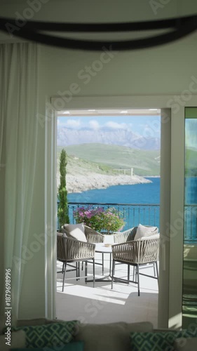 Stunning view from a modern estate in Montenegro with a patio overlooking the sea
