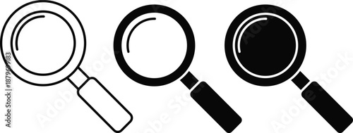 Minimal Black and White Magnifying Glass Search Icon Set for UI UX Interface, Website Navigation, Data Analysis and Research Concept vector