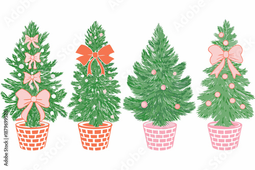 Four decorated christmas trees in pots a festive holiday illustration