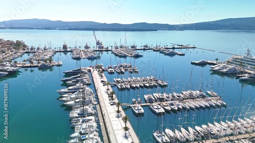 Explore Porto Montenegro in Montenegro with views of the marina and boats, aerial drone shot