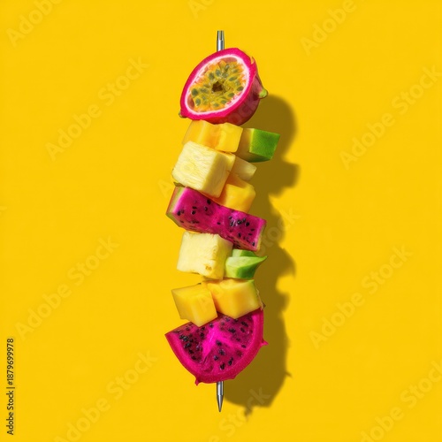 A vibrant skewer features exotic fruit against a bright yellow background