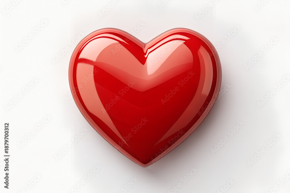Fototapeta premium Glossy red heart shimmering brightly on a clean white background, symbolizing love and passion