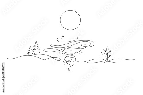 Image Generation. Ethereal winter moon spell scene. Minimalistic one-line drawing ethereal winter night with