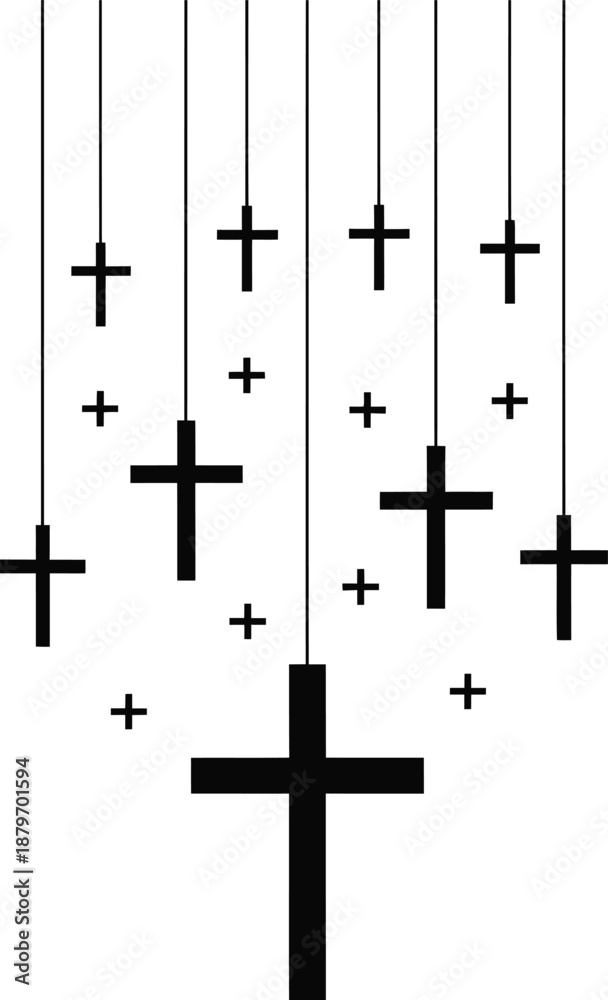 Fototapeta premium Minimal Hanging Cross Christian Line Art Symbols in Black and White