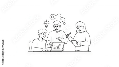 Team Brainstorming Idea Generation Meeting with Laptop and Lightbulb