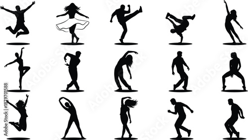 Expressive dance silhouette set showing energetic men and women performing modern, hip hop and freestyle poses with dynamic movement isolated on white background