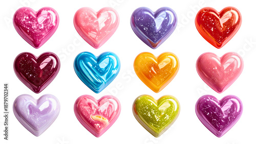 Sweet Heart-Shaped Candies in Assorted Colors Isolated on White Background