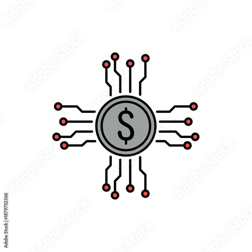 Icon a DeFi central dollar with circuit radiation, isolated against a clean background.