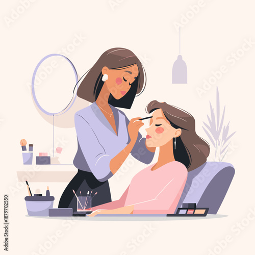 Woman applying makeup on another woman in modern beauty salon - Concept of Lifestyle of a modern woman  