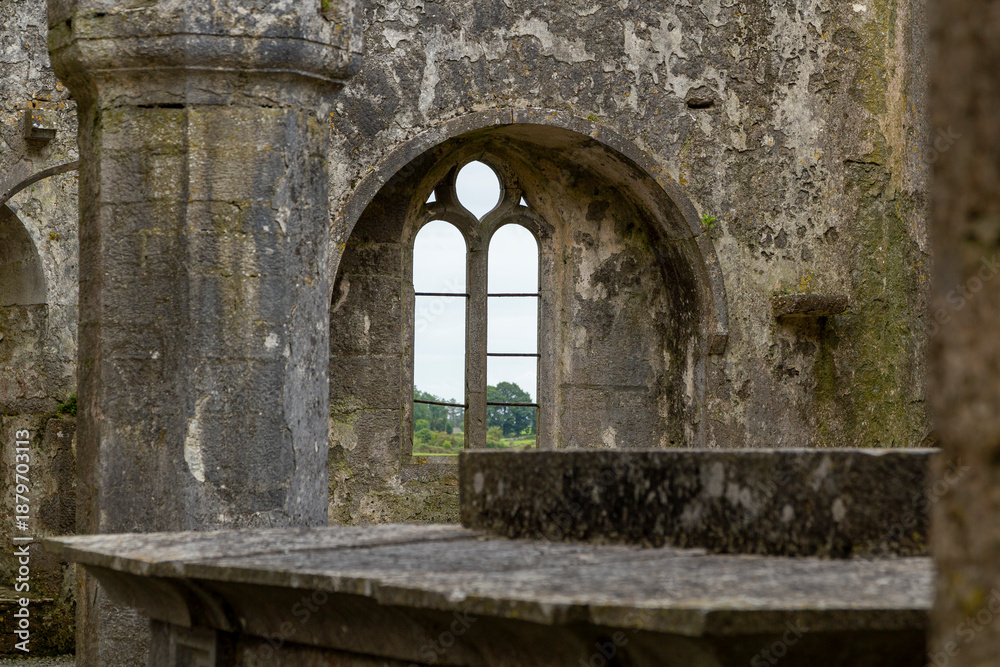 Obraz premium detail view inside the famous ruin of Ross Errily Friary in the north of ireland, county Galway 