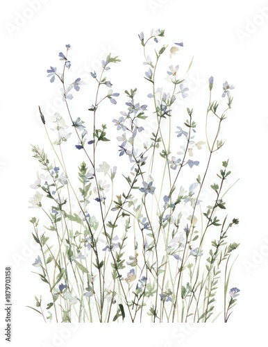 Delicate watercolor depiction of wildflowers in muted blues and greens against a stark white