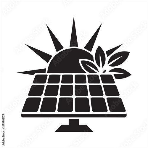 Black silhouette design representing integrated solar panel and leaf with sun rays