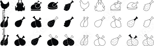 Set of grilled chicken icons, collection of roasted poultry and meat symbols, group of flat line vector illustrations, add drumstick, roast, barbecue, food menu design, black icon