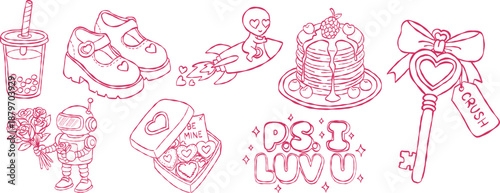 Y2K robot with rose and alien rocket hand drawn vector line art set for futuristic sticker and clothing design PS I LUV U