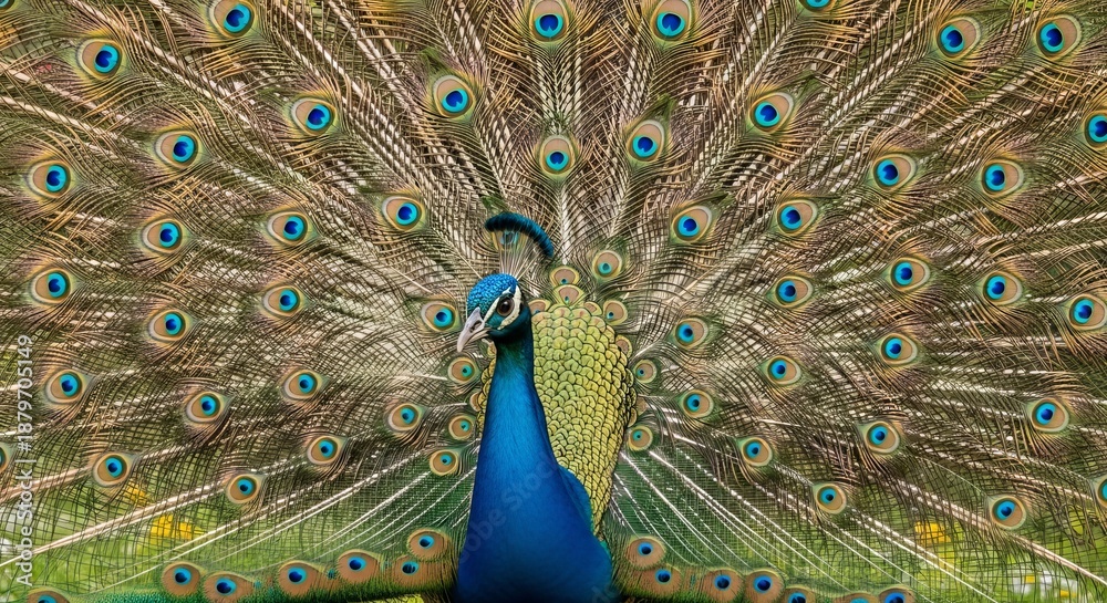 Obraz premium A vibrant peacock displaying its colorful feathers with eyespots, standing majestically in a lush green outdoor environment from a frontal viewpoint