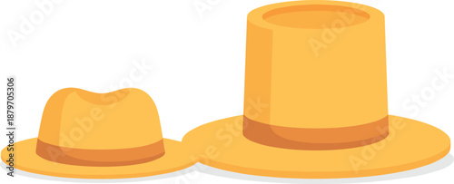 Vector illustration set of two classic yellow hats featuring a short brimmed fedora and a tall formal top hat