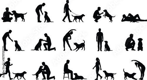 Man and dog silhouette collection showing walking, playing, training, running, bonding and relaxing activities between human and pet isolated on white background for lifestyle and animal concepts