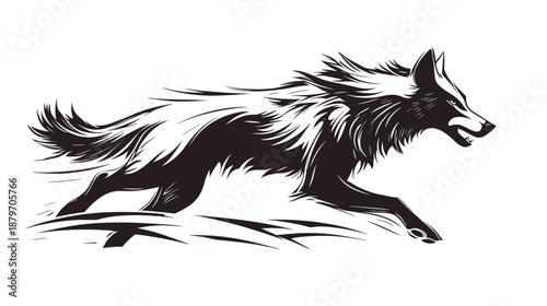 Black and White Wolf Running Illustration.