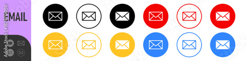 Email envelope icon button in color circle button for contact and communication, email, messaging, mail delivery. Color vector icon set