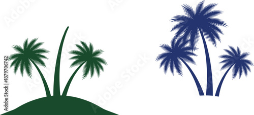 Vector illustration set of two tropical palm tree silhouettes featuring a green island cluster and a detailed blue trio
