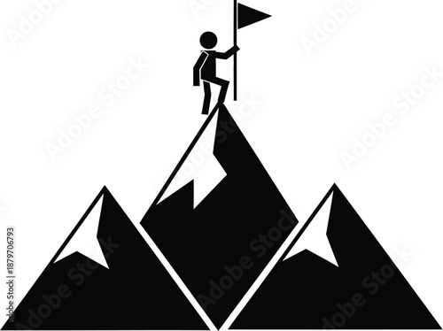 Stick figure businessman standing triumphantly on a mountain peak, holding a flag business success and achievement vector icon illustration. 