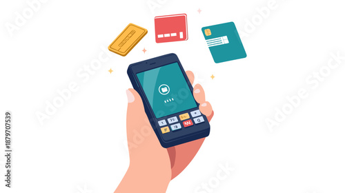 Hand holding smartphone with payment cards.