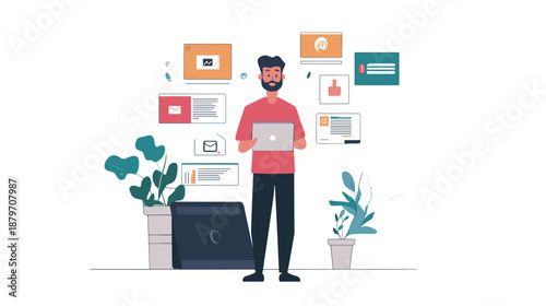 Man holding tablet with digital icons.