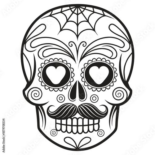 Black and White Sugar Skull Outline for Tattoo Design