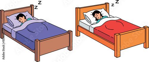 Vector illustration set of male and female characters sleeping peacefully in wooden beds with colorful red and purple blankets