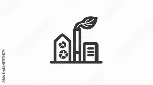 Simple Line Icon of Factory with Recycling Symbol.