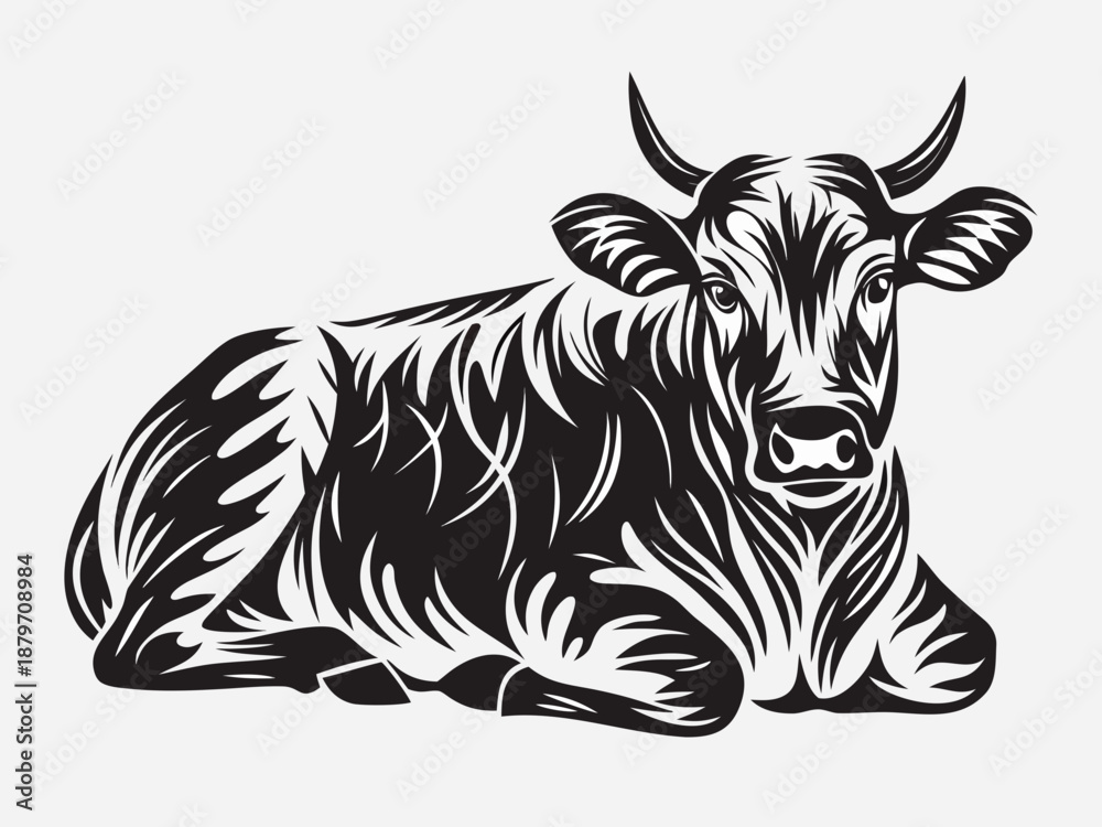 Fototapeta premium black and white illustration of a lying cow