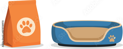 Vector illustration set of pet care essentials featuring an orange bag of food and a cozy blue bed