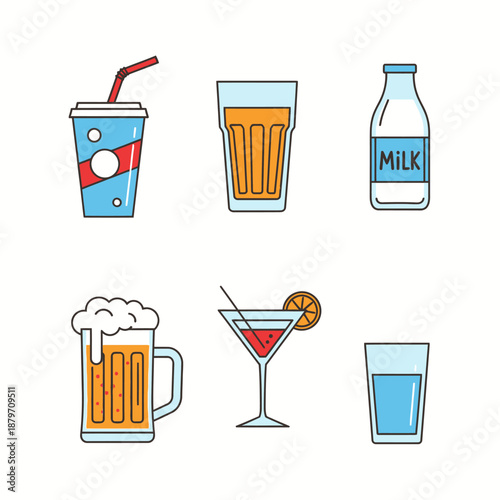 Assorted Beverage Glasses and Bottles Illustration.
