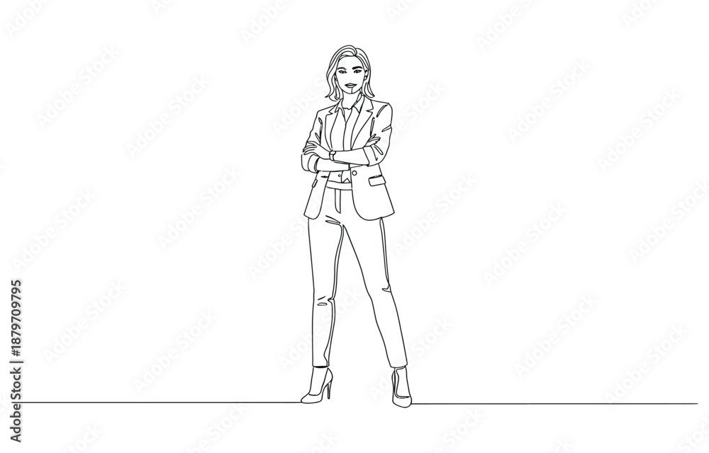Obraz premium Strong businesswoman showing biceps muscle one continuous line drawing.