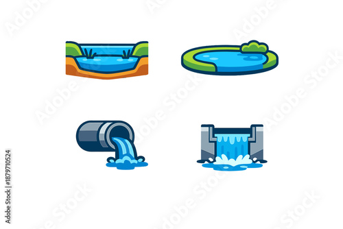 Set of four water-related icons with a flat, cartoonish style