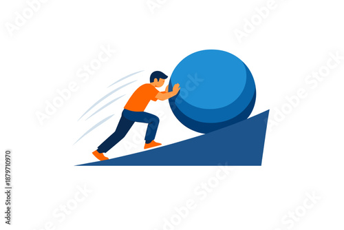 Man pushing a large blue sphere up a ramp