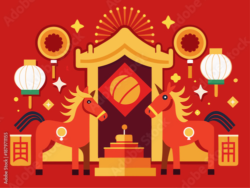 Chinese New Year Celebration with Twin Horses at Temple Gate and Festive Decorations