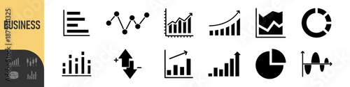 Business data charts. Diagrams and graphs. Business data market elements, statistic and data, infographics business, money, down or up, analytic report. Set of financial marketing black diagrams