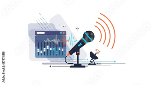 A vector graphic illustration of a microphone with sound waves and audio equipment