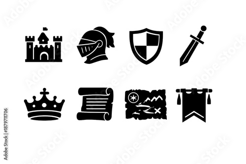 Medieval Icon Set. Medieval History. Filled icon set of Medieval History: medieval castle, knight helmet,