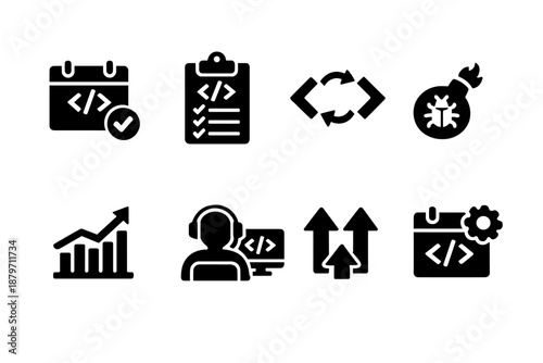  Coding Practice. Filled icon set of Coding Practice: daily coding, practice tasks, code